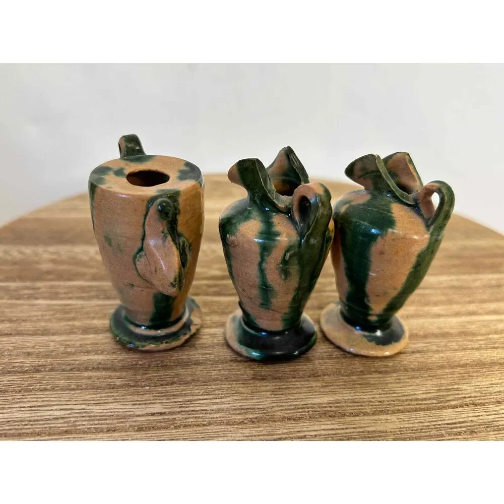 Majolica Pottery Miniature‎ Dollhouse Tea Set 9 Pieces Green Beige Rustic